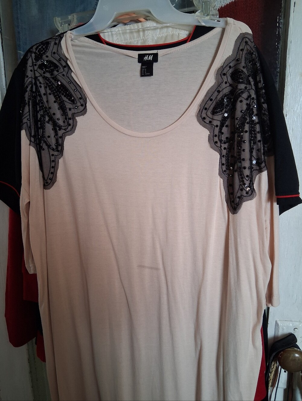 H&M Cream Short Sleeve Tunic with Black Sequin Lace Shoulders